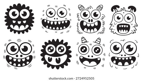 nine cute monster faces doodle illustration set 