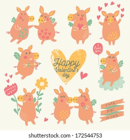 Nine cute pigs angels with hearts, balloon, flowers in cartoon style. Funny Valentines day set in vector. Childish concept illustration 