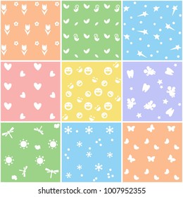 Nine cute seamless patterns with flowers, leaves, stars, hearts, smile, tooth, sun, snowflakes and butterflies