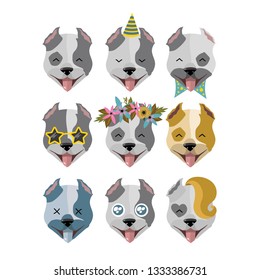 Nine cute smiles with dogs vector illustration. funny puppies with a wreath, in glasses, in a hat, with bangs, with a bow tie. poor dead puppy. holiday masks with dogs. American Staffordshire Terrier