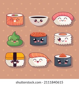 nine cute sushi kawaii icons