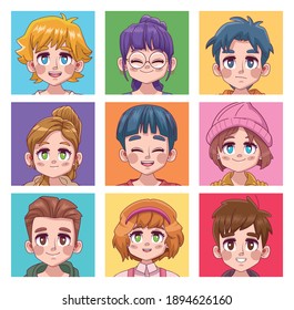 nine cute youngs teenagers manga anime characters vector illustration design