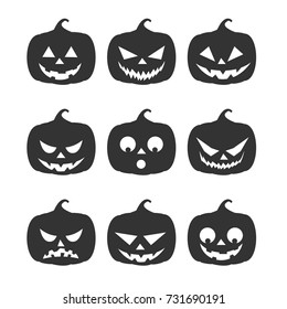 nine dark silhouette pumpkins with different emotions on an isolated background for halloween