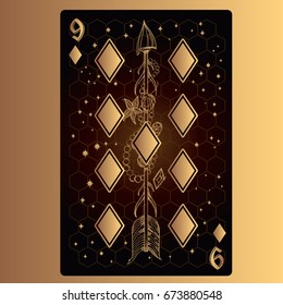 Nine of diamonds. Playing card with original design on the theme of space.