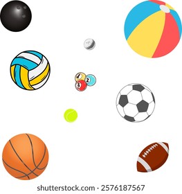 Nine different balls for sports. 