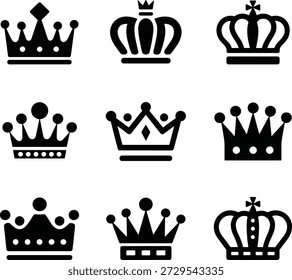 Nueve coronas negras diferentes sobre fondo blanco real