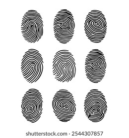 Nine different black fingerprints. Set of vector sketches in line art style