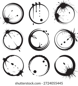 Nueve diferentes Formas grunge de tinta negra con varias salpicaduras y texturas sobre un fondo blanco utilizado para Elementos de diseño y proyectos creativos.