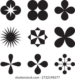 Nine Different Black and White Geometric Flower Patterns on White Background