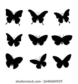 Nine different butterfly silhouettes arranged in a grid pattern on a white background. Vector illustration for design elements.
