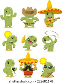 Nine different cactus in different situations vector illustration. 