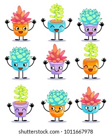 Nine different cheerful plants. Cartoon characters set. Vector illustration is suitable for greeting cards and prints on t-shirts.