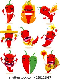 Nine different chili pepper in different situations chili cartoon vector illustrations.