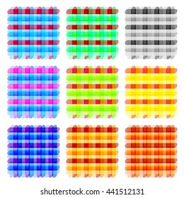 Nine different color variants of a seamless checkered, checked or plaid background pattern in bright colors and square format suitable for print, tiles or textile, vector design,  golf pattern