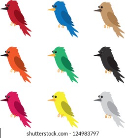 Nine different colored birds isolated