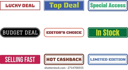 Nine different colored deal labels on a white background