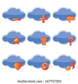 nine different and colored icons of clouds with more symbols