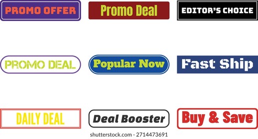 nine different colored promo labels isolated on white background