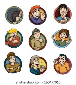 nine different colorful characters, labels, signs, vector illustration