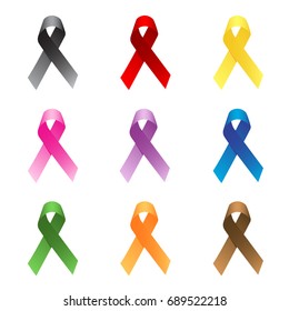 Nine different colour ribbons. Editable vector illustration. 