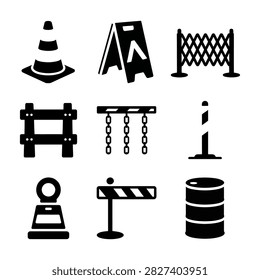 Nine different construction icons including traffic cones barricades chains and barriers