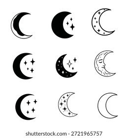 Nove ilustrações de lua crescente diferentes com vários padrões de estrelas em um fundo branco