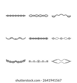 Nine different decorative borders and dividers are displayed in black on a white background.