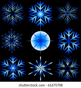 Nine different and detailed snowflakes and star designs.