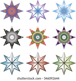 Nine different eight-pointed stars