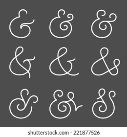 Nine different elegant and stylish custom ampersands for wedding invitation or business card. Vector illustration