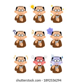 Nine different facial expressions of middle-aged men wearing glasses and casual clothes operating smartphones