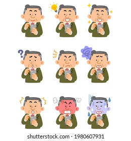 Nine different facial expressions of middle-aged men in suits operating smartphones