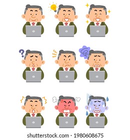 Nine different facial expressions of a middle-aged man in a suit operating a laptop