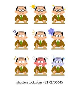 Nine different facial expressions of a thin-haired middle-aged man in a suit to fill out a document