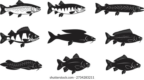 Nueve siluetas de peces diferentes en ilustraciones en blanco y negro