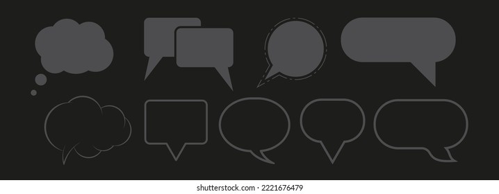 Nine different forms for dialogue and thoughts. Gray on black. Night mode. Flat vector illustration isolated on black background.