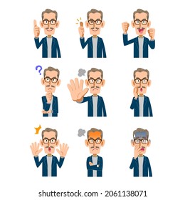 Nine different gestures and facial expressions for older men in casual clothes with mustaches