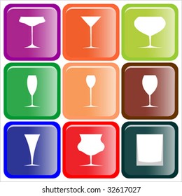 Nine different Glasses for alcoholic drinks