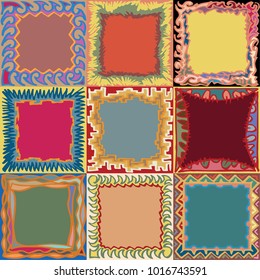 Nine different hand drawn square frame pattern in color