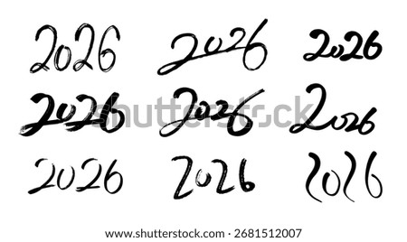 Nine different handwritten or calligraphic designs of the year "2026" in black ink on a white background.
