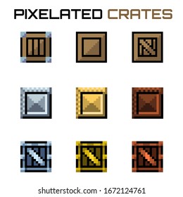 Nine different metal and wood pixelated crates in brown, gold and silver materials for videogames and illustrations.