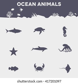 nine different ocean animals icon