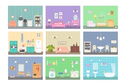Nine Different Rooms With Furniture. Doll House Interior Concept. Kitchen, Bathroom, Bedroom, Office, Dinner Room, Nursery, Living Room, Laundry, Hallway. Vector Illustration Cartoon Flat Style