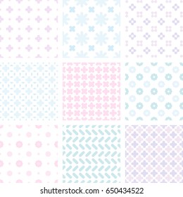 Nine different seamless patterns. Collection of cute simple designs in blue and pink palette. Trendy vector backgrounds.