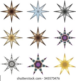 Nine different seven-pointed stars