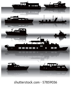 Nine different ship silhouettes situated on water surface with shadow. Vector illustration.