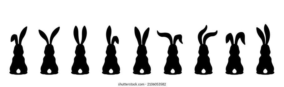 Nine different silhouettes of bunnies isolated on a white background. Rabbit silhouette.