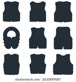 Nine different silhouettes of safety vests depicting various types for protection and security