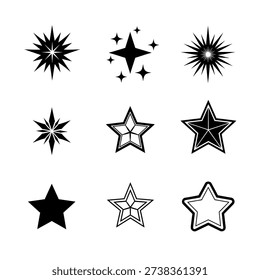 Nine different star designs in black and white, varying in style and complexity, arranged in three rows on a plain white background.