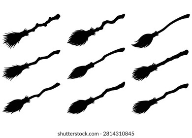Nine different styles of black witch broomstick illustrations on transparent background